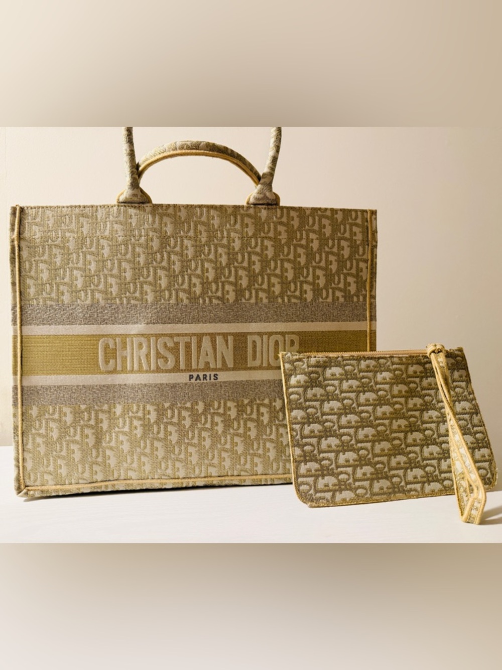 Dior Beige and Gold Christian Dior Canvas Tote with Matching Pouch